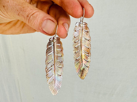 Carved MOP Feather Earrings. Mother-of-Pearl and Sterling Silver Jewelry. Atelier Aadya. 2736