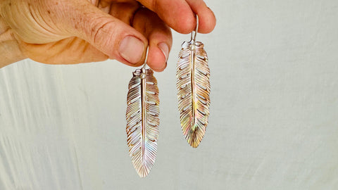 Carved MOP Feather Earrings. Mother-of-Pearl and Sterling Silver Jewelry. Atelier Aadya. 2736