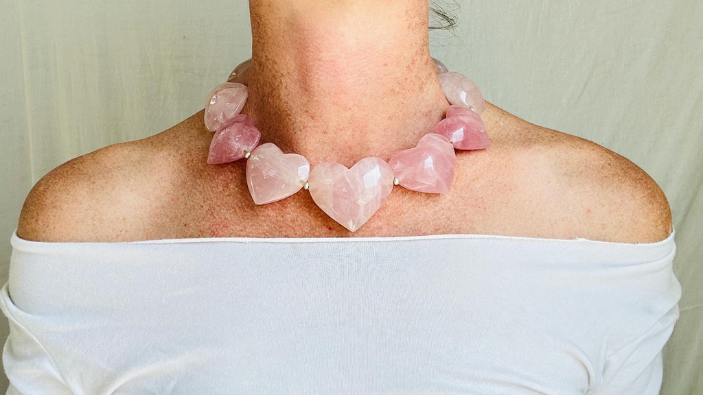 Rose Quartz Heart Necklace. Maximalist Designer Jewelry. Handcrafted with Sterling Silver.