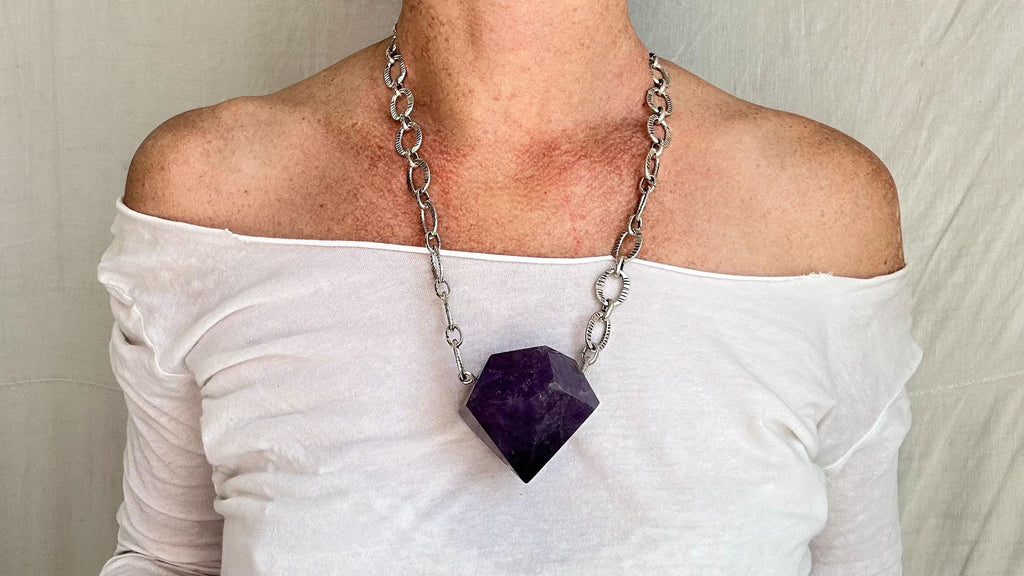 Huge Amethyst Pendant Necklace. Chunky Silver Chain. Sterling Silver. 2227