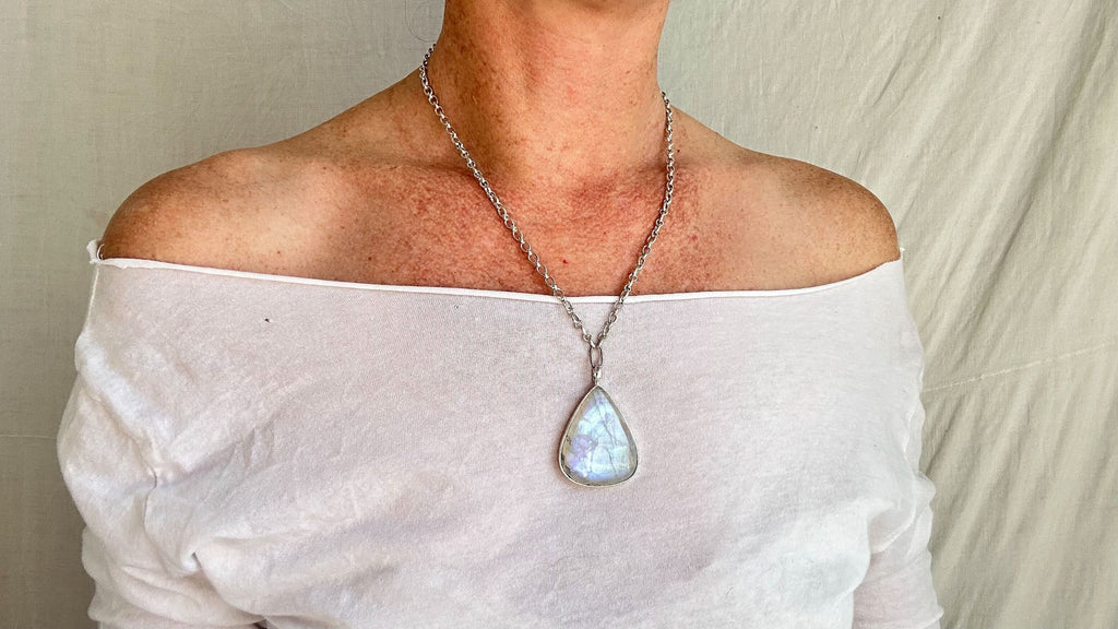 Rainbow Moonstone and Silver Pendant Necklace. Sterling Silver Chain. 2290
