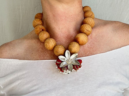 Wood, Pompom & Silver Necklace. Sterling Silver. 2015