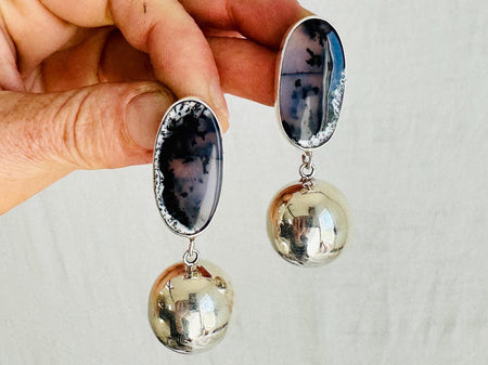 Dendritic Agate and Silver Sphere Earrings. Handmade Designer Sterling Jewelry. 2439