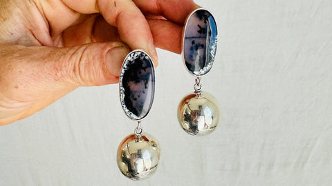 Dendritic Agate and Silver Sphere Earrings. Handmade Designer Sterling Jewelry. 2439