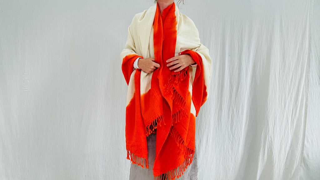 Soft Wool Shawl, Wrap, Throw, Meditation Blanket. Thick and Warm. Orange. 4323