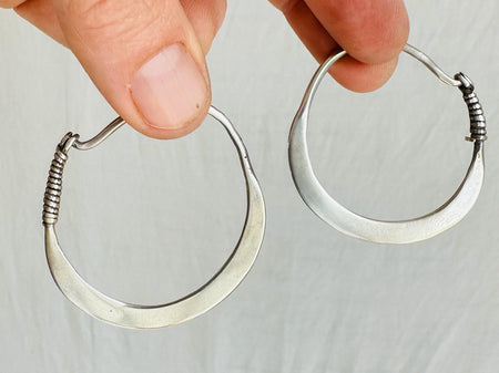 Vintage Large Kuchi Silver Hoop Earrings. Sterling Silver. India, 0818