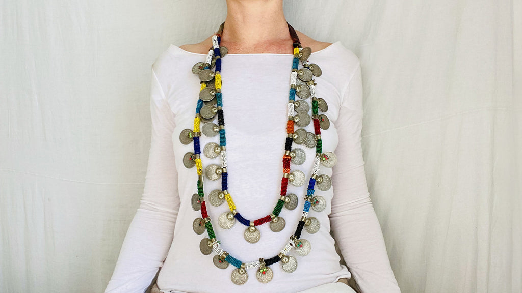 Rainbow Kuchi Tribal Coin Necklace. Brightly Colored.