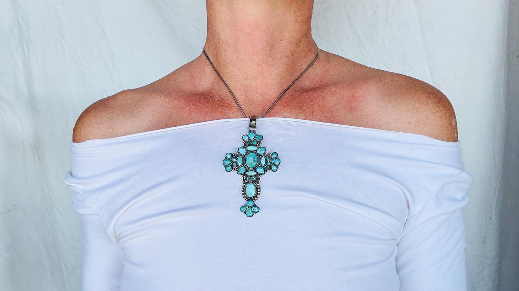 Silver and Turquoise Cross Pendant Necklace. Silver Chain.