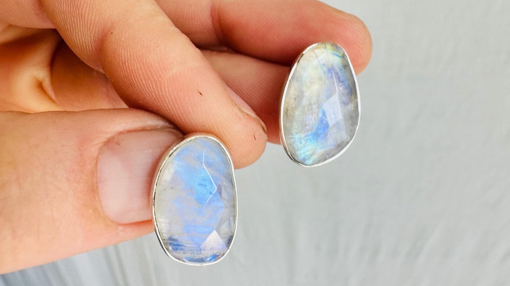 Rainbow Moonstone Post Earrings. Handmade Sterling Silver Jewelry. Small Gift for Her. 0911