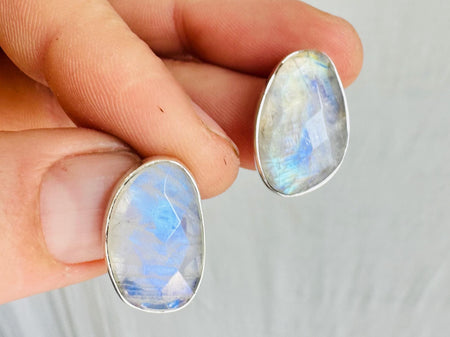 Rainbow Moonstone Post Earrings. Handmade Sterling Silver Jewelry. Small Gift for Her. 0911
