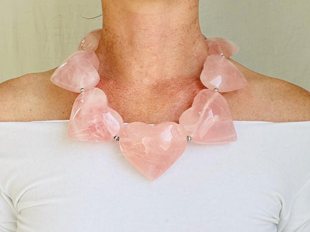 Rose Quartz Heart Necklace. Maximalist Designer Jewelry. Handcrafted with Sterling Silver. 2689