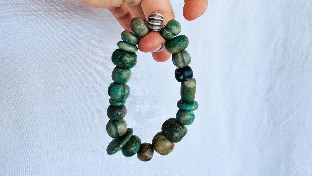 Guatemalita Jade Beaded Bracelet with a Sterling Silver Bead. 4414