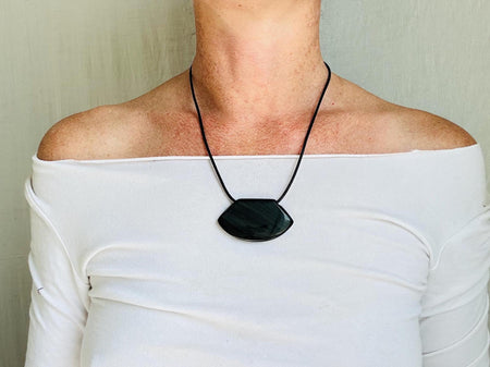 Obsidian Adze Pendant Necklace. Leather & Sterling Silver. 4354