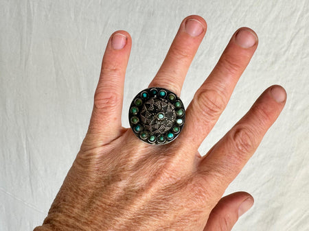Antique Turquoise and Sterling Ring. India. size 8. 1371