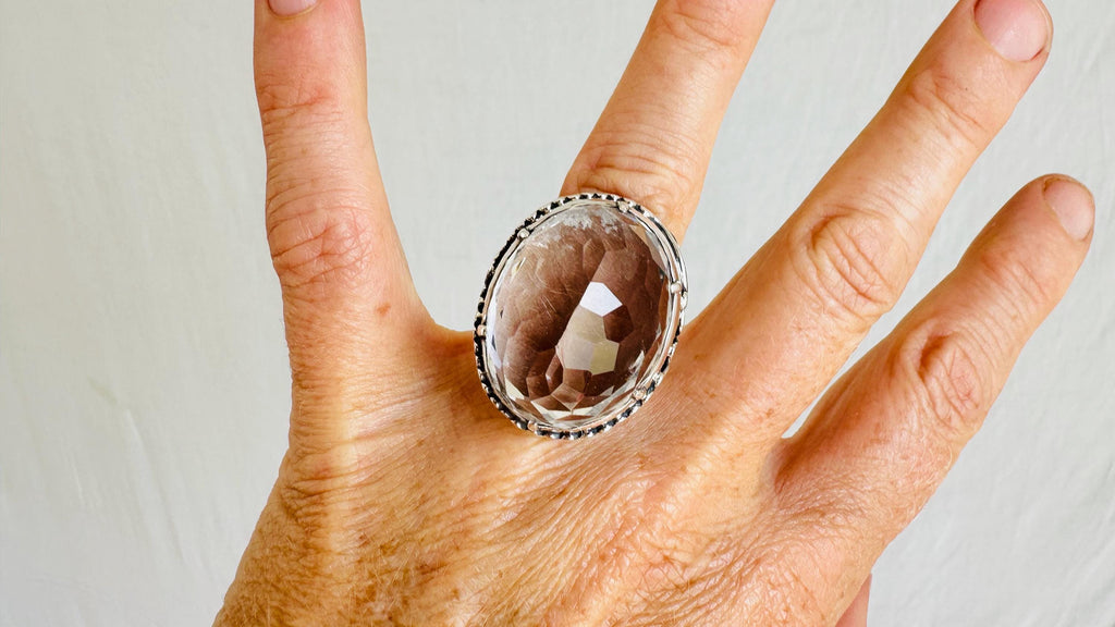 Natural Quartz Ring. Oversized. Botanicals. Size 6.25. 4146