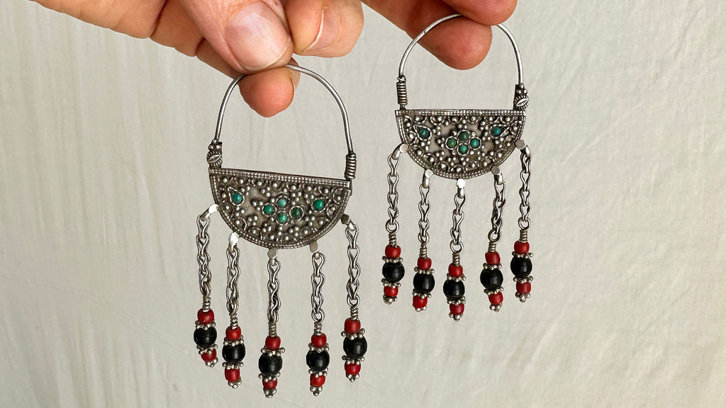 Vintage Uzbek Bukhara Earrings. Silver & Pearl. Long Dangles. 0790