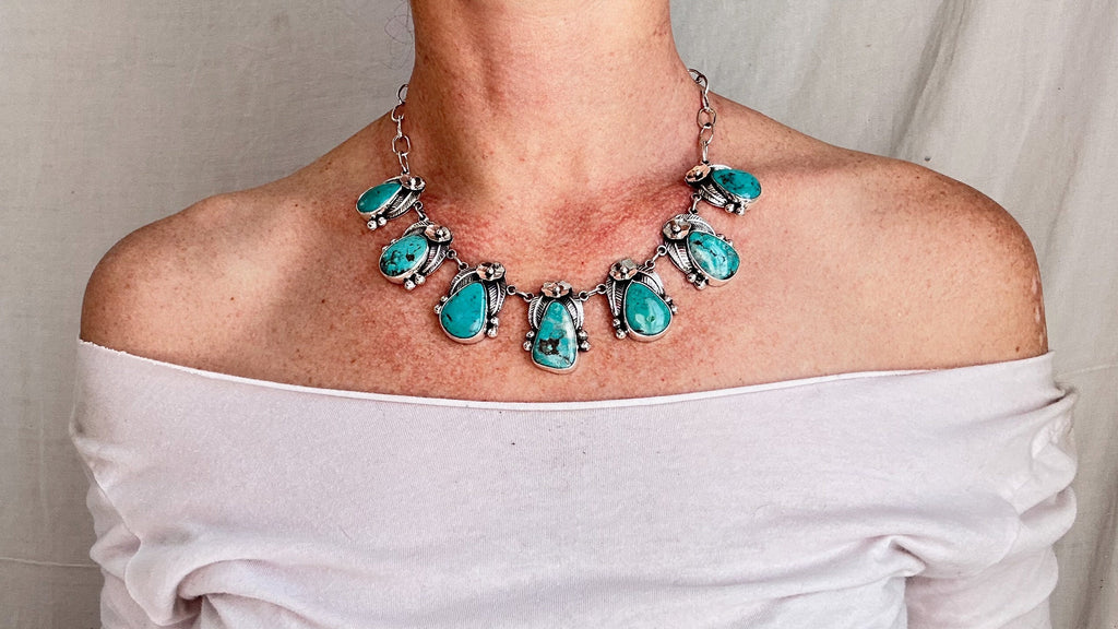 Turquoise & Flowers Sterling Silver Necklace. Taxco. Stunning! 0510