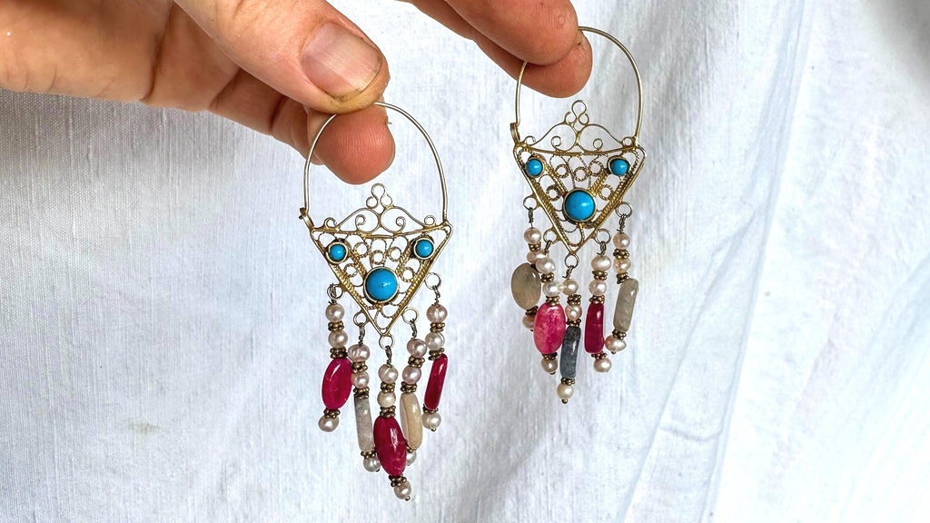 Vintage Uzbek Filigree Earrings. Vermeil. Bukhari. Pearls & Semi-Precious Stones. 2140