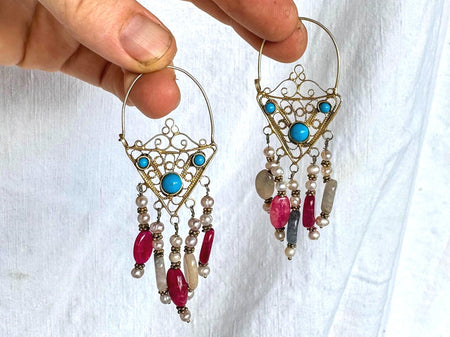 Vintage Uzbek Filigree Earrings. Vermeil. Bukhari. Pearls & Semi-Precious Stones. 2140