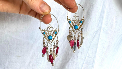 Vintage Uzbek Filigree Earrings. Vermeil. Bukhari. Pearls & Semi-Precious Stones. 2140