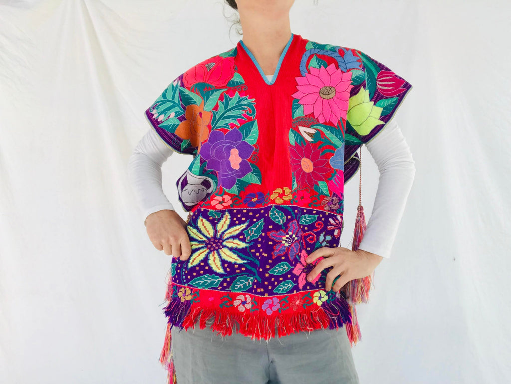 Vintage Zinacantan Men's Poncho Tassels . Mayan. Chiapas Mexico. Hand-Woven & Embroidered. Rare