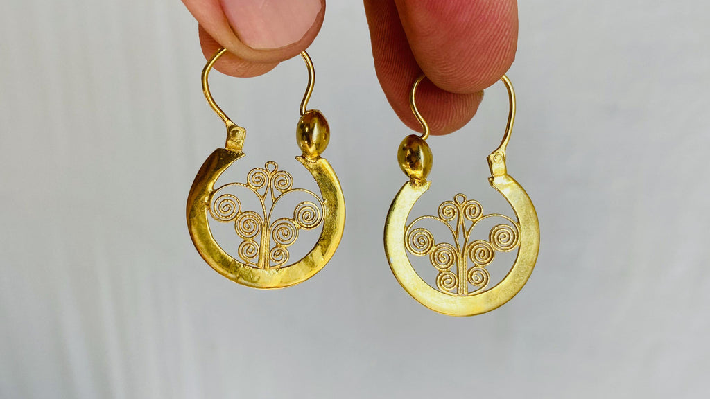 Gold Plated Oaxacan Earrings. Traditional Design. Sterling Silver. Vermeil. Oaxaca, Mexico. 0388