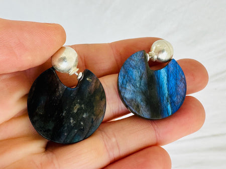 Labradorite Flat Hoop Earrings. Sterling Silver Backs and Wires. 1147