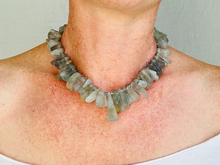 Blue Fluorite Necklace. Handmade Sterling Silver Jewelry. Beachy Boho Choker. Adjustable With Chain.