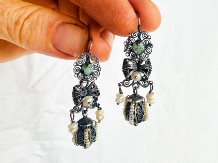 Antique Oaxacan Filigree Earrings. Turquoise. Sterling Silver. Mexico. Frida Kahlo. 2830