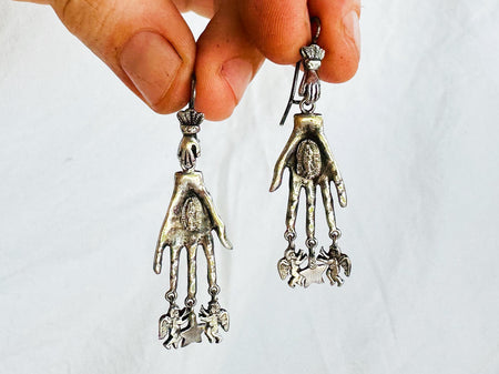 Mexican Hand Earrings. Sterling Silver. Hand Cast Jewelry from Oaxaca, Mexico. HA2