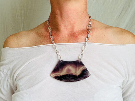 Rainbow Fluorite Adze Pendant Necklace. Sterling Silver Chain. 2476