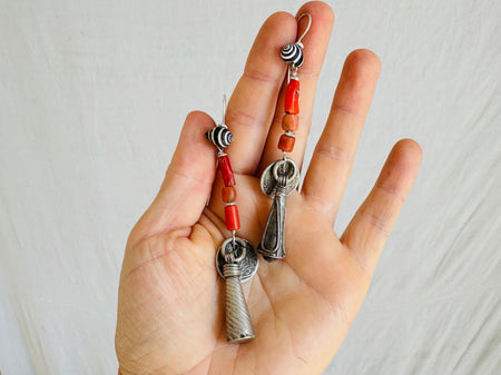 Antique Berber Silver and Coral Earrings. Sterling Silver. Morocco. 2754