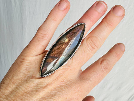 Labradorite Botanicals Cocktail Ring. Handmade Sterling Silver Jewelry. Size 5.25. 4183