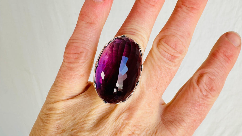 Oversized Faceted Amethyst Ring | Handmade Adjustable Sterling Silver | Unique Gemstone Jewelry. 4112