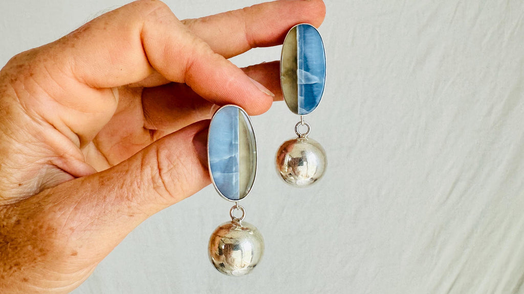 Blue Opal and Silver Sphere Earrings. Handmade Designer Sterling Jewelry. 2711