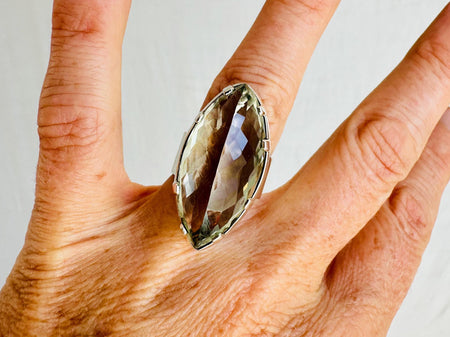 Oversized Faceted Prasiolite Cocktail Ring | Handmade Adjustable Sterling Silver | Unique Gemstone Jewelry. 4105