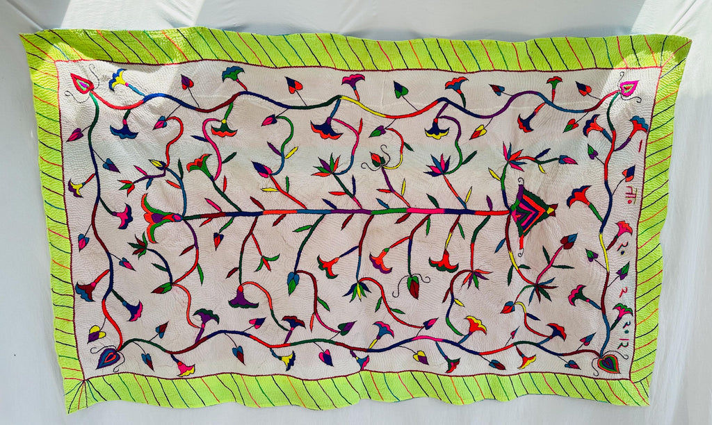 Vintage Embroidered and Hand-Quilted Quilt from Gujarat, India. Textile Art.