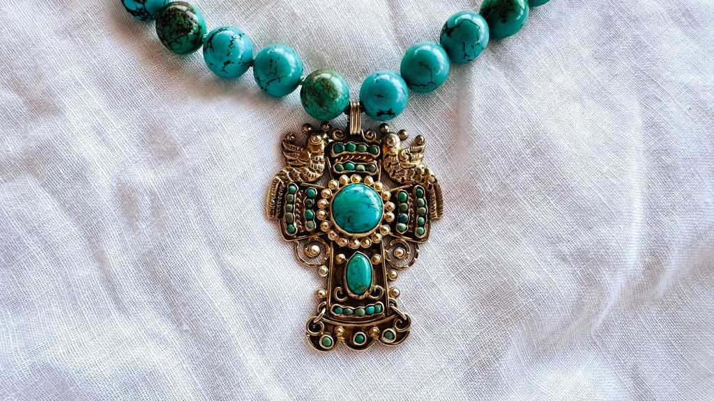 Vintage Mexican Cross Pendant on Turquoise Necklace. Gold Plated Silver. Mexico. Frida Kahlo