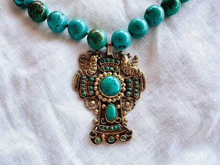 Vintage Mexican Cross Pendant on Turquoise Necklace. Gold Plated Silver. Mexico. Frida Kahlo