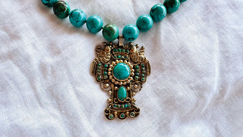 Vintage Mexican Cross Pendant on Turquoise Necklace. Gold Plated Silver. Mexico. Frida Kahlo