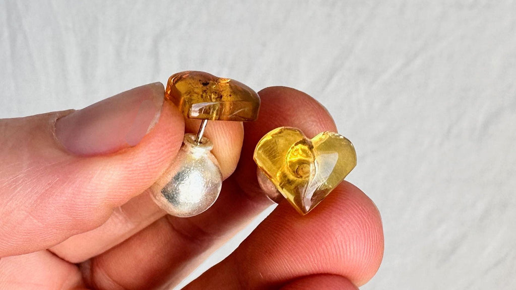 Amber Heart Barbell Earrings. Double Sided. 1232