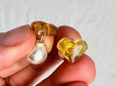 Amber Heart Barbell Earrings. Double Sided. 1232