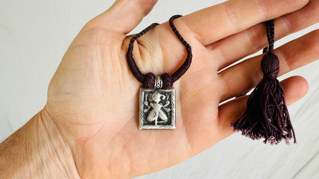 Antique Hanuman Necklace. Sterling Silver Hindu God Amulet Necklace. 1072