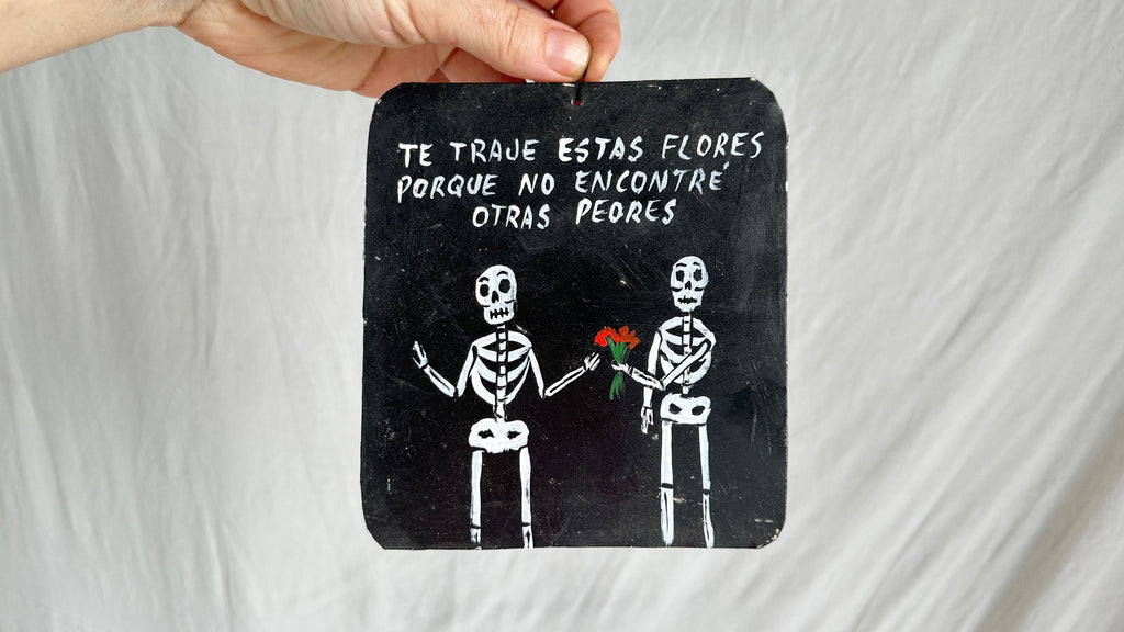 Folk Art Painting on Tin. Mexico. Skeletons. Dia de Los Muertos