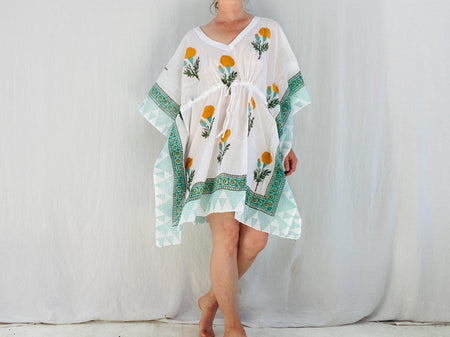 All Cotton Block Print Kaftan from India. Breezy Dress and Cover-Up.