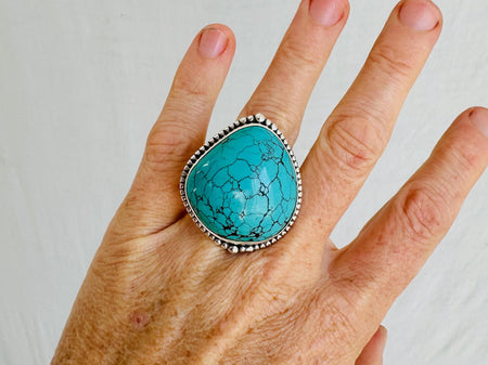 Hubei Turquoise Cocktail Ring. Adjustable Size. Handmade Sterling Silver Jewelry. Statement Ring. 0907