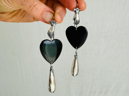 Heart & Bells Obsidian Earrings. Sterling Silver. 2582