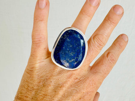 Oversized Facteted Lapis Lazuli Ring. Adjustable Size . Sterling Silver Cocktail Ring. 4291