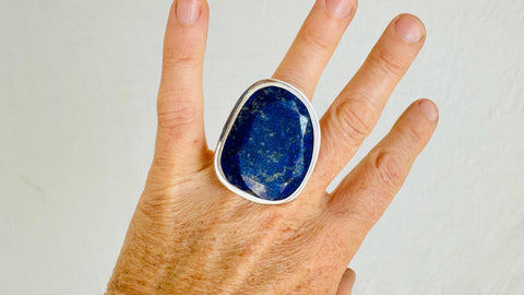 Oversized Facteted Lapis Lazuli Ring. Adjustable Size . Sterling Silver Cocktail Ring. 4291