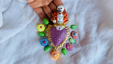 Mexican Sacred Heart Decor with Skeleton. Oaxaca, Mexico. Corazon Sagrado. Dia de los Muertos